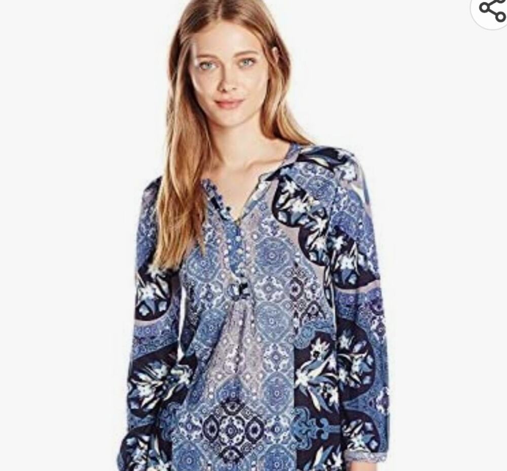 Lucky Brand Blue White Paisley Floral Button Front Long Sleeve Top Size Small